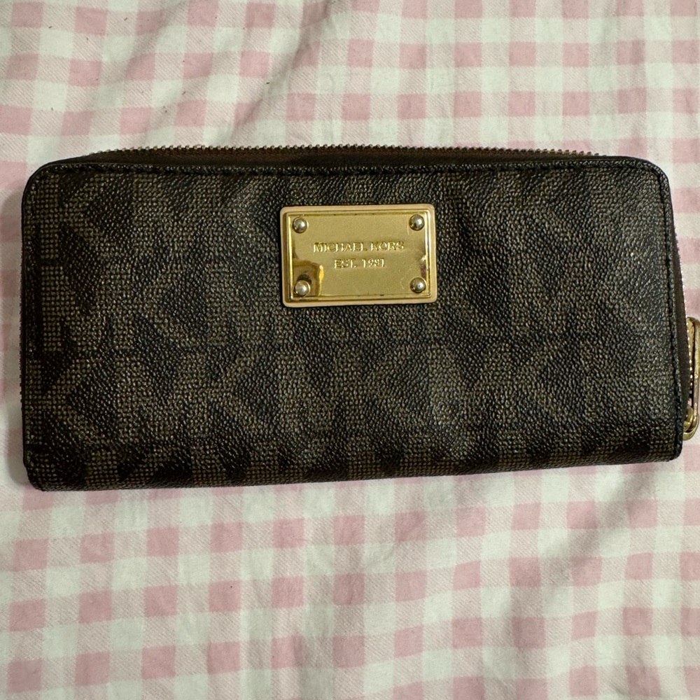 Michael Kors Dark Brown Monogram Zip Wallet with Gold Plate